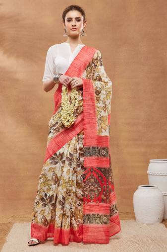 Gold floral silk blend regular saree with blouse