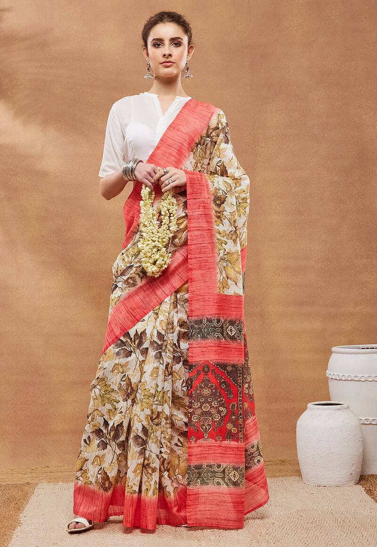 Gold floral silk blend regular saree with blouse