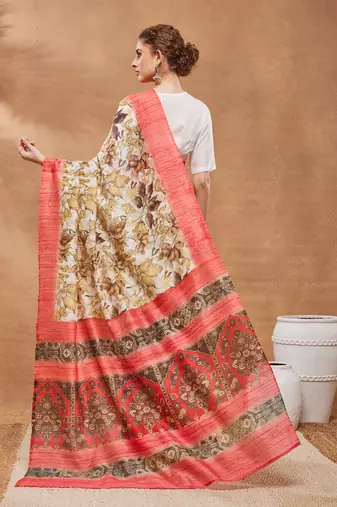 Gold floral silk blend regular saree with blouse