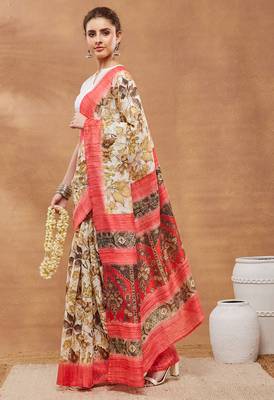 Gold floral silk blend regular saree with blouse 3