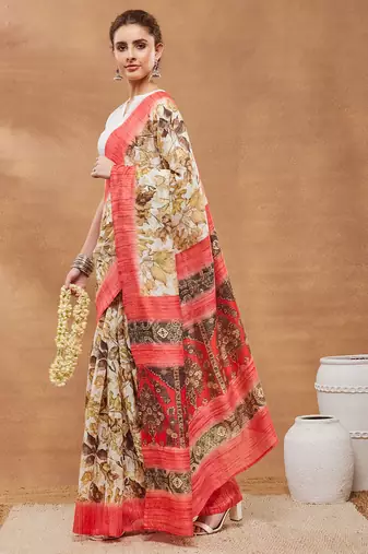 Gold floral silk blend regular saree with blouse