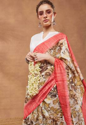 Gold floral silk blend regular saree with blouse 4
