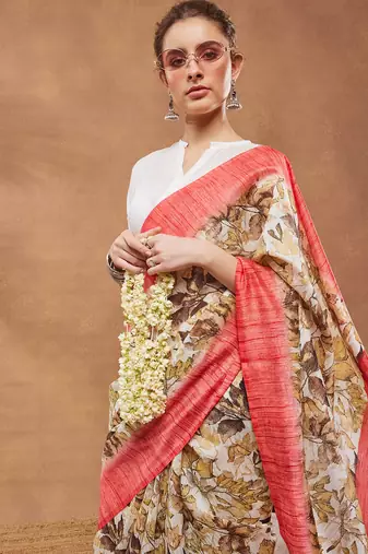 Gold floral silk blend regular saree with blouse
