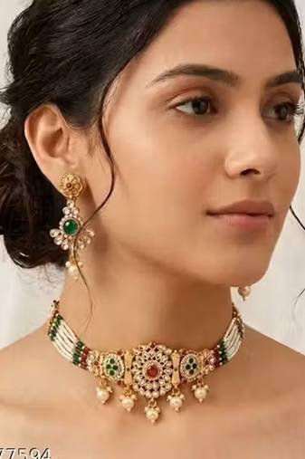 Indian bollywood gold plated kundan choker bridal necklace earrings jewelry set