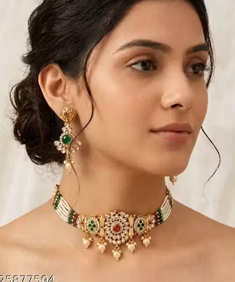Indian bollywood gold plated kundan choker bridal necklace earrings jewelry set