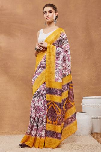 Yellow floral silk blend regular saree with blouse