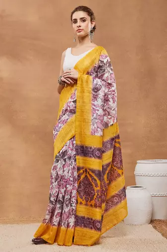 Yellow floral silk blend regular saree with blouse