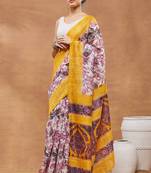 Yellow floral silk blend regular saree with blouse