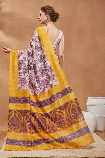 Yellow floral silk blend regular saree with blouse