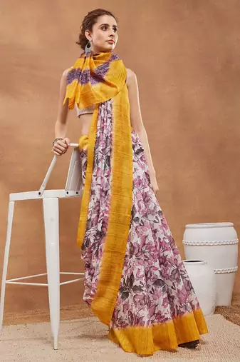 Yellow floral silk blend regular saree with blouse