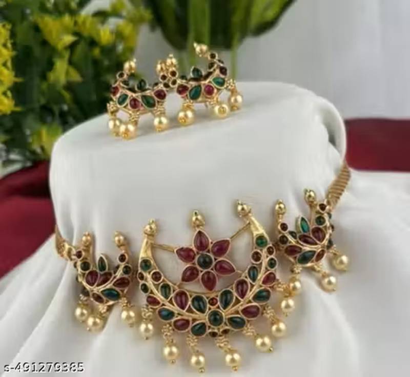 Indian bollywood gold plated kundan choker bridal necklace earrings jewelry set