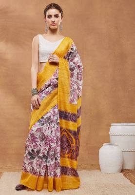 Yellow floral silk blend regular saree with blouse 4