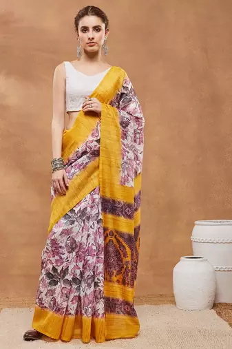 Yellow floral silk blend regular saree with blouse