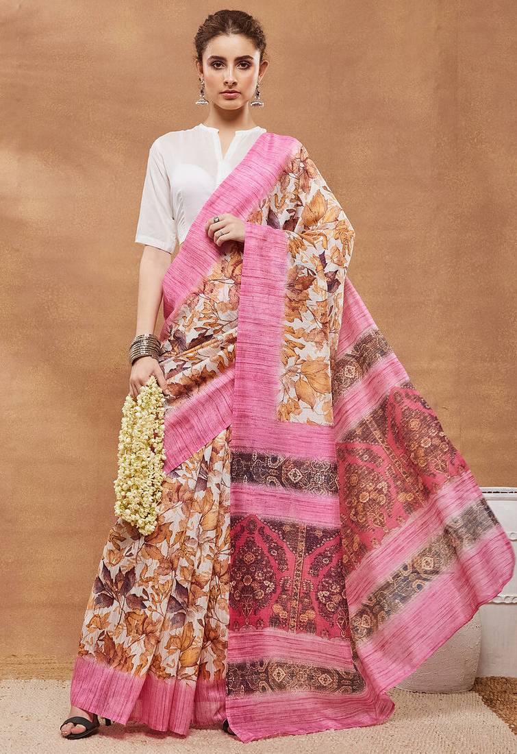 Pink floral silk blend regular saree with blouse