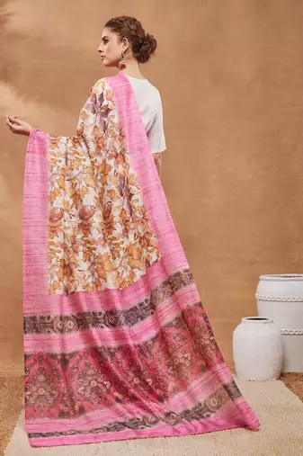 Pink floral silk blend regular saree with blouse