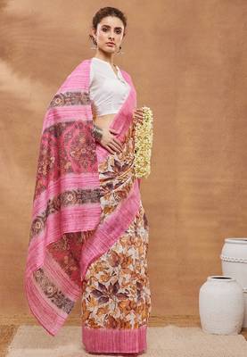 Pink floral silk blend regular saree with blouse 3