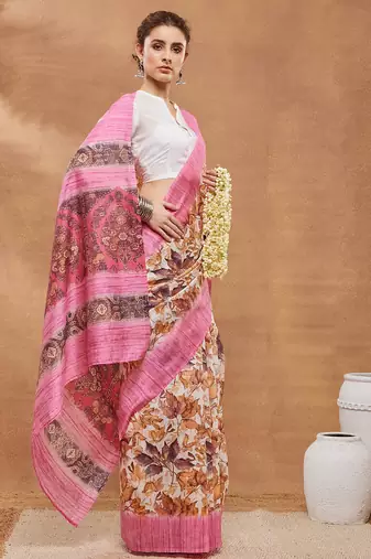 Pink floral silk blend regular saree with blouse