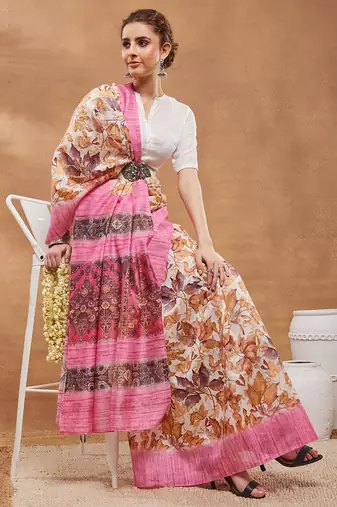 Pink floral silk blend regular saree with blouse