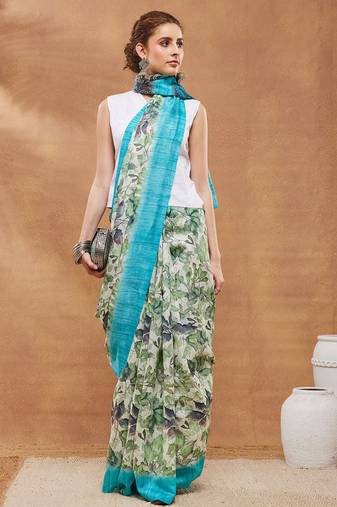 Sky Blue floral silk blend regular saree with blouse