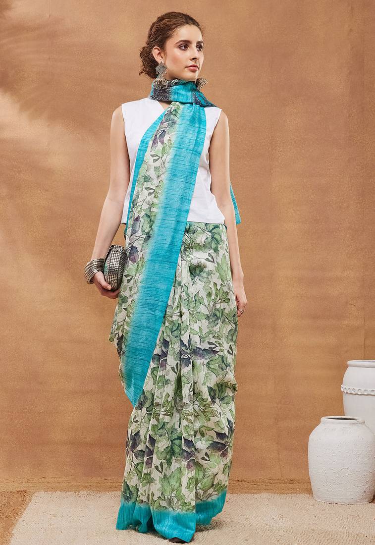 Sky Blue floral silk blend regular saree with blouse