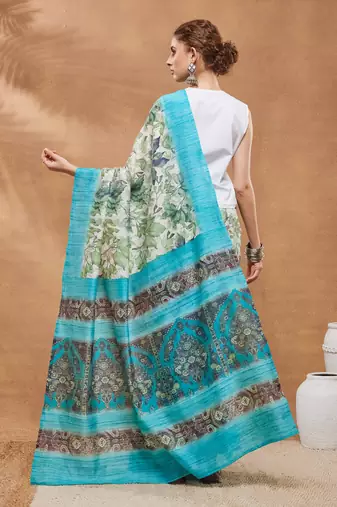Sky Blue floral silk blend regular saree with blouse