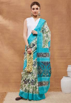 Sky Blue floral silk blend regular saree with blouse 3