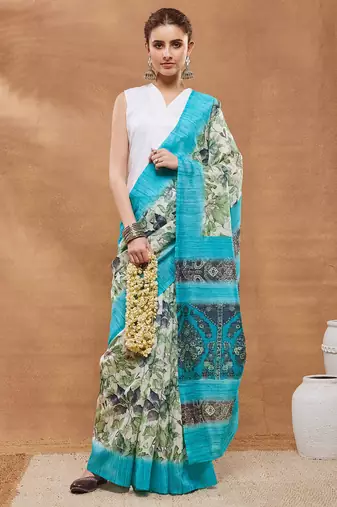 Sky Blue floral silk blend regular saree with blouse