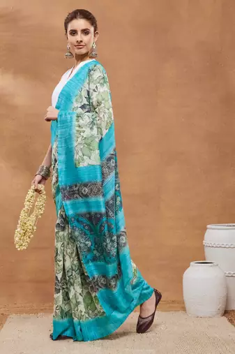 Sky Blue floral silk blend regular saree with blouse