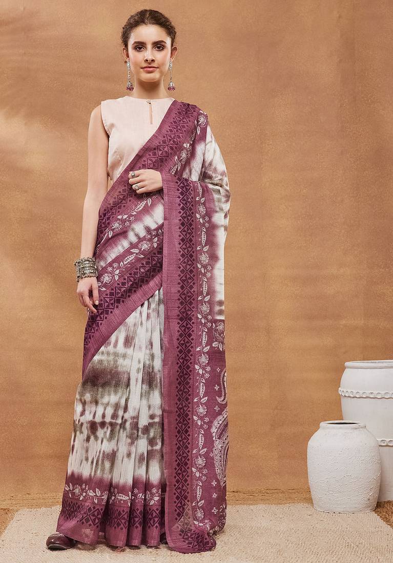 Wine  floral silk blend regular saree with blouse
