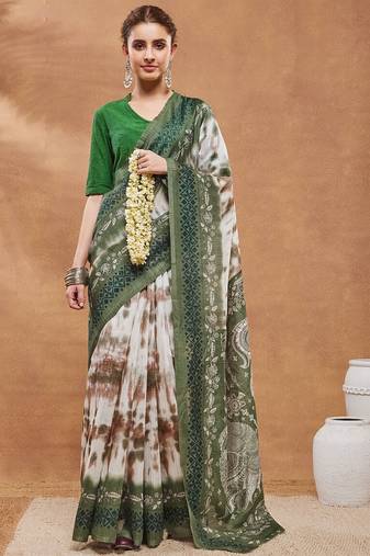 Green  floral silk blend regular saree with blouse