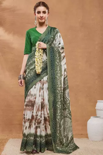 Green  floral silk blend regular saree with blouse