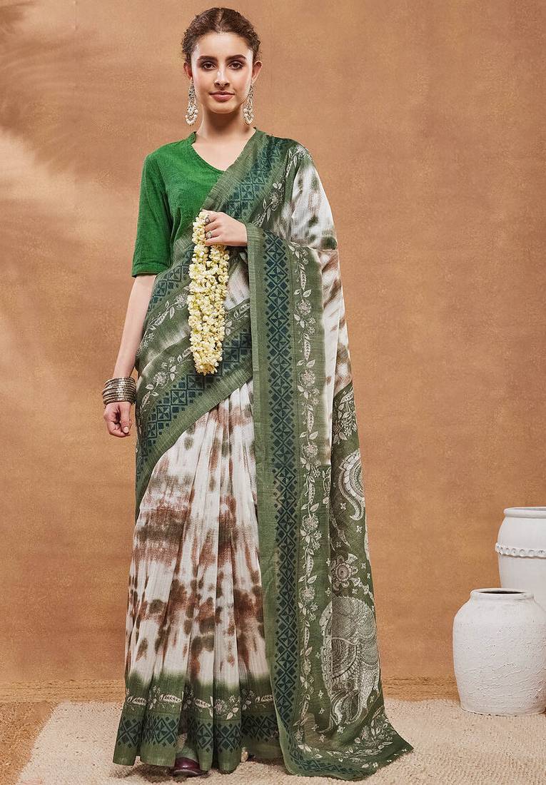 Green  floral silk blend regular saree with blouse