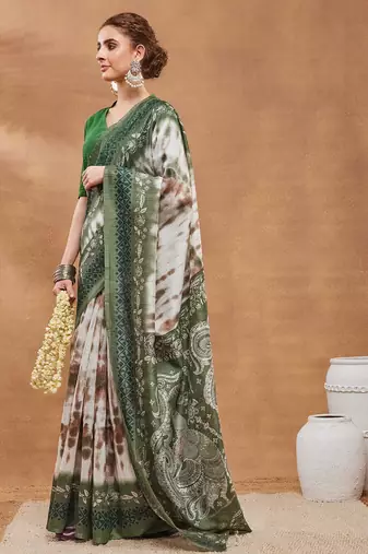 Green  floral silk blend regular saree with blouse