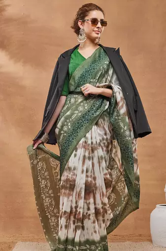 Green  floral silk blend regular saree with blouse