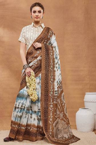 Brown floral silk blend regular saree with blouse