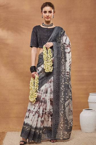 Grey floral silk blend regular saree with blouse