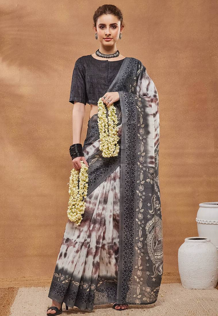 Grey floral silk blend regular saree with blouse