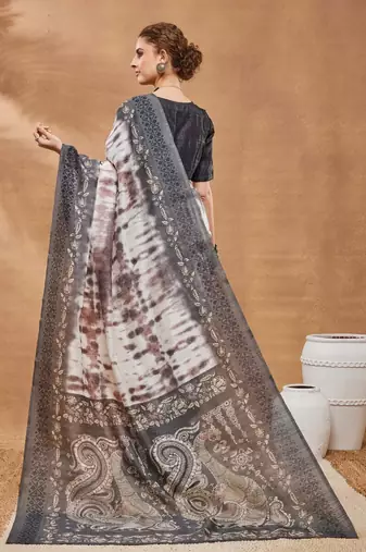 Grey floral silk blend regular saree with blouse