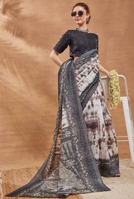Grey floral silk blend regular saree with blouse 3