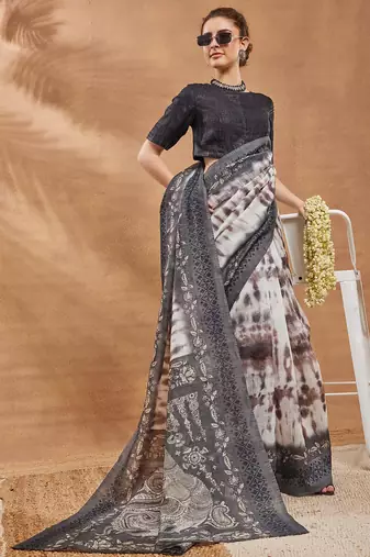 Grey floral silk blend regular saree with blouse