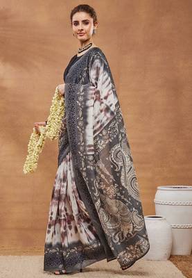 Grey floral silk blend regular saree with blouse 4