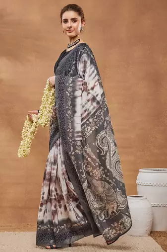 Grey floral silk blend regular saree with blouse