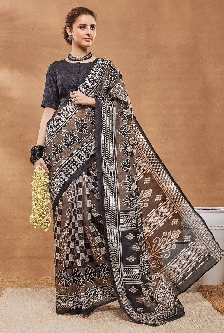 Black  floral silk blend regular saree with blouse