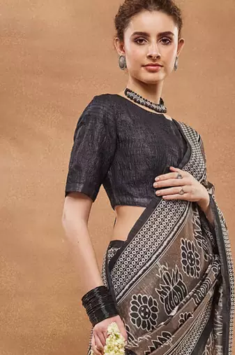 Black  floral silk blend regular saree with blouse