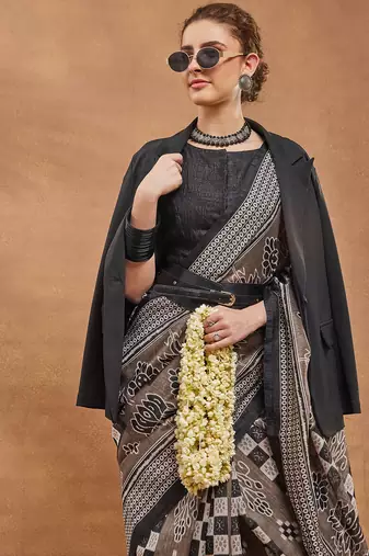 Black  floral silk blend regular saree with blouse