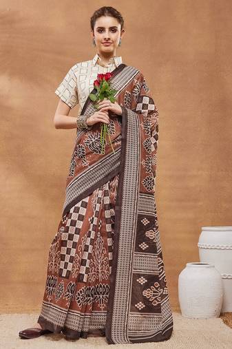 Brown  floral silk blend regular saree with blouse