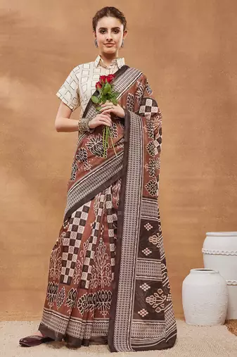 Brown  floral silk blend regular saree with blouse