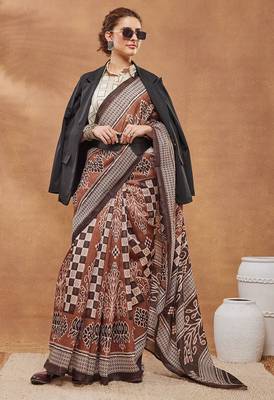 Brown  floral silk blend regular saree with blouse 4