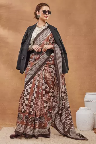 Brown  floral silk blend regular saree with blouse
