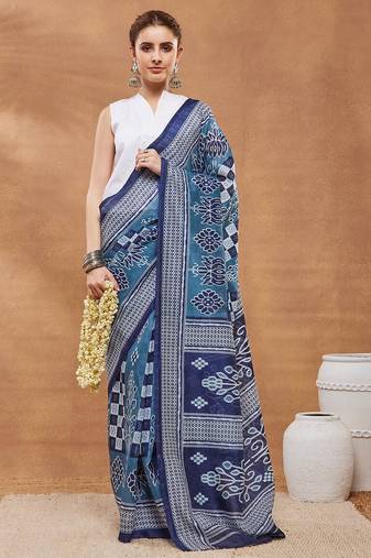 Blue  floral silk blend regular saree with blouse